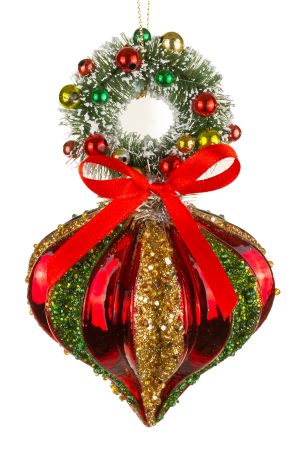 Hanging Red Ridged Finial Ornament With Gold And Emerald Trim