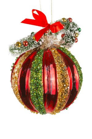 Hanging Red Ridged Bauble Ornament With Gold And Emerald Trim
