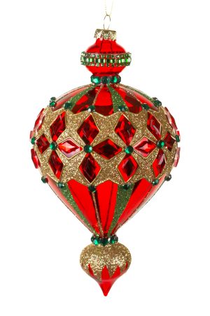 Hanging Red Jewelled Finial Ornament With Glittering Stripes