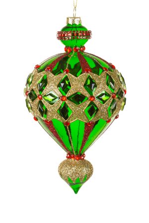 Hanging Emerald Jewelled Finial Ornament With Glittering Stripes