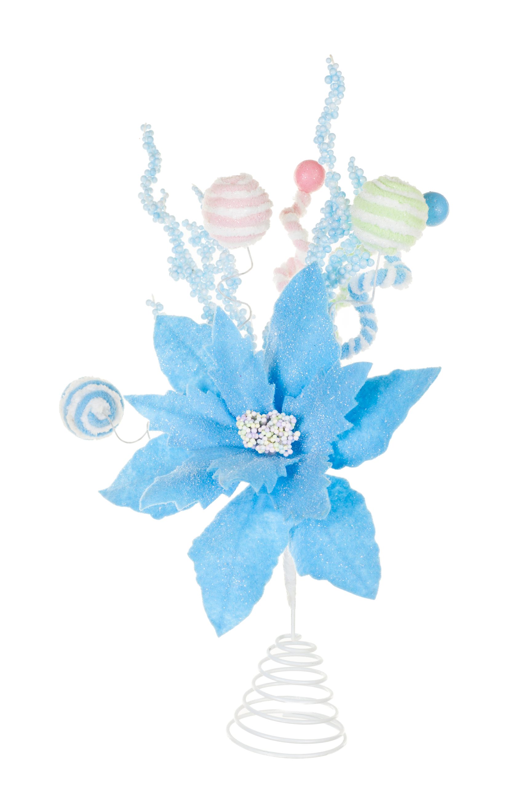 Blue Poinsettia Tree Topper With Candy Pompom Explosions - Image 2