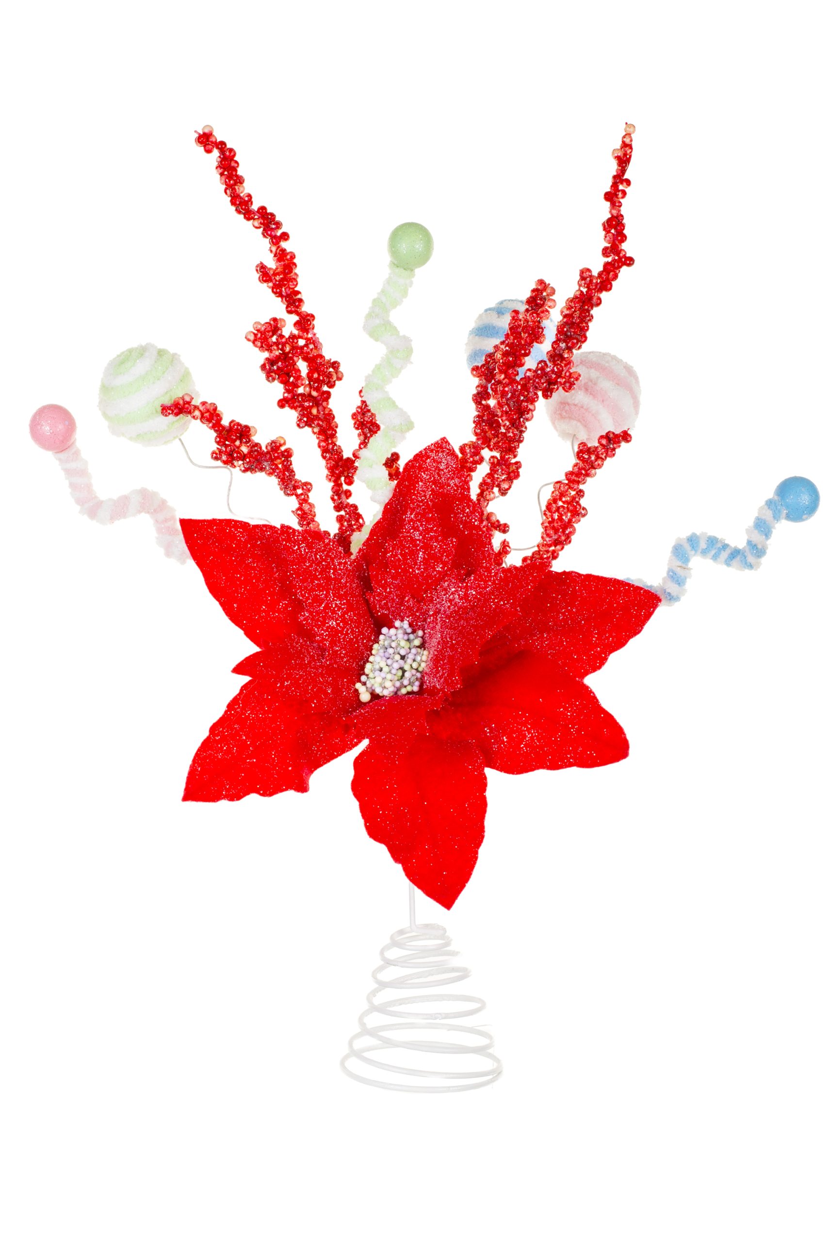 Red Poinsettia Tree Topper With Candy Pompom Explosions