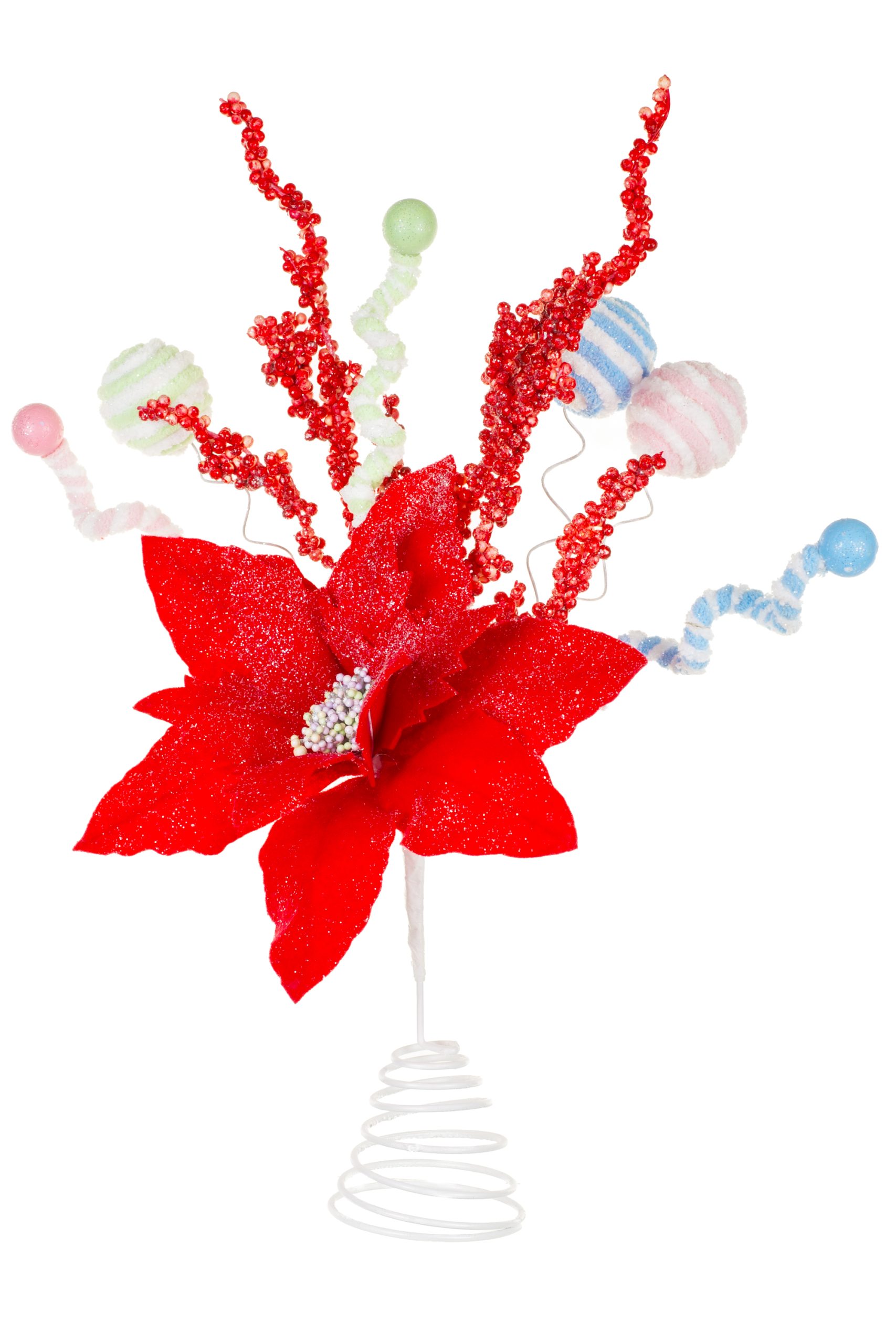 Red Poinsettia Tree Topper With Candy Pompom Explosions - Image 2
