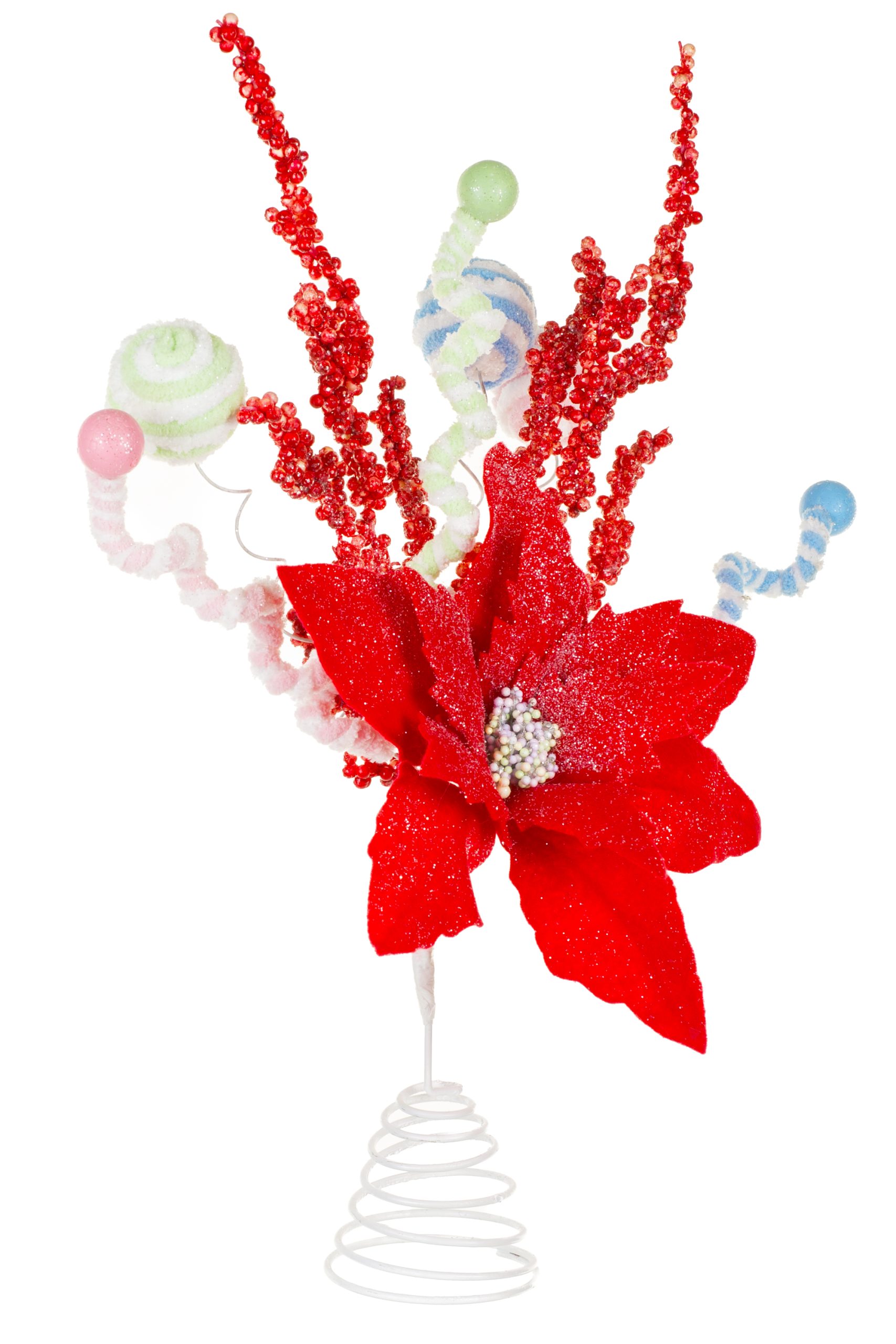 Red Poinsettia Tree Topper With Candy Pompom Explosions - Image 6