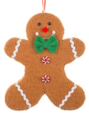 Large Hanging Brown Gingerbread Man Decoration With Green Ribbon