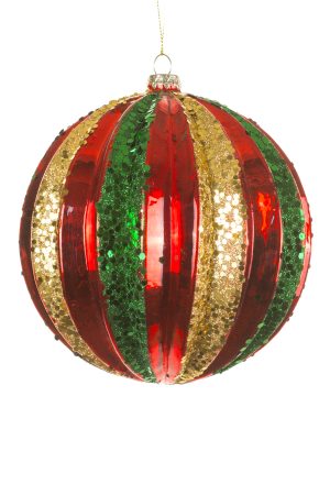 Red Ridged Bauble Ornament With Gold And Green Bands