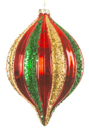 Hanging Red Ridged Finial Ornament  With Gold And Green Bands