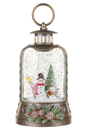 Musical Antique Brown Lantern Snow Globe with Santa & Dog Scene With Santa & Dog Scene