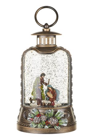 Musical Antique Brown Lantern Snow Globe with Nativity Scene With Nativity Scene