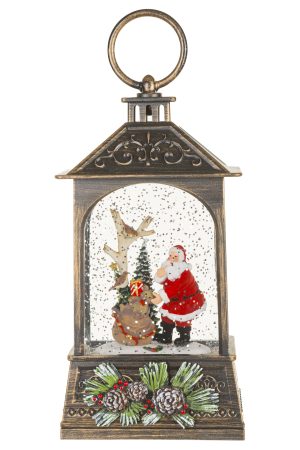 Musical Antique Brown Lantern Snow Globe with Woodland Santa-Scape With Woodland Santa-Scape