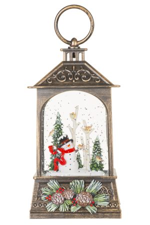 Musical Antique Brown Lantern Snow Globe with Woodland Snowman-Scape With Woodland Snowman-Scape