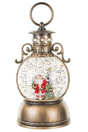 Musical Antique Brown Oil Lantern Snow Globe with Santa holding Teddy Bear Gift Bag With Santa Holding Teddy Bear Gift Bag