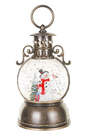 Musical Antique Brown Oil Lantern Snow Globe with Smiling Snowman  With Smiling Snowman