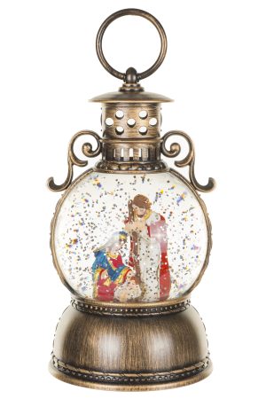 Musical Antique Brown Oil Lantern Snow Globe with Nativity Scene With Nativity Scene