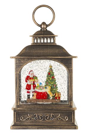 Musical Antique Brown Lantern Snow Globe with Santa's little helper With Santa'S Little Helper