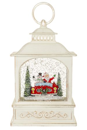 Musical Off-White Lantern Snow Globe with Santa's Sports Car With Santa'S Sports Car