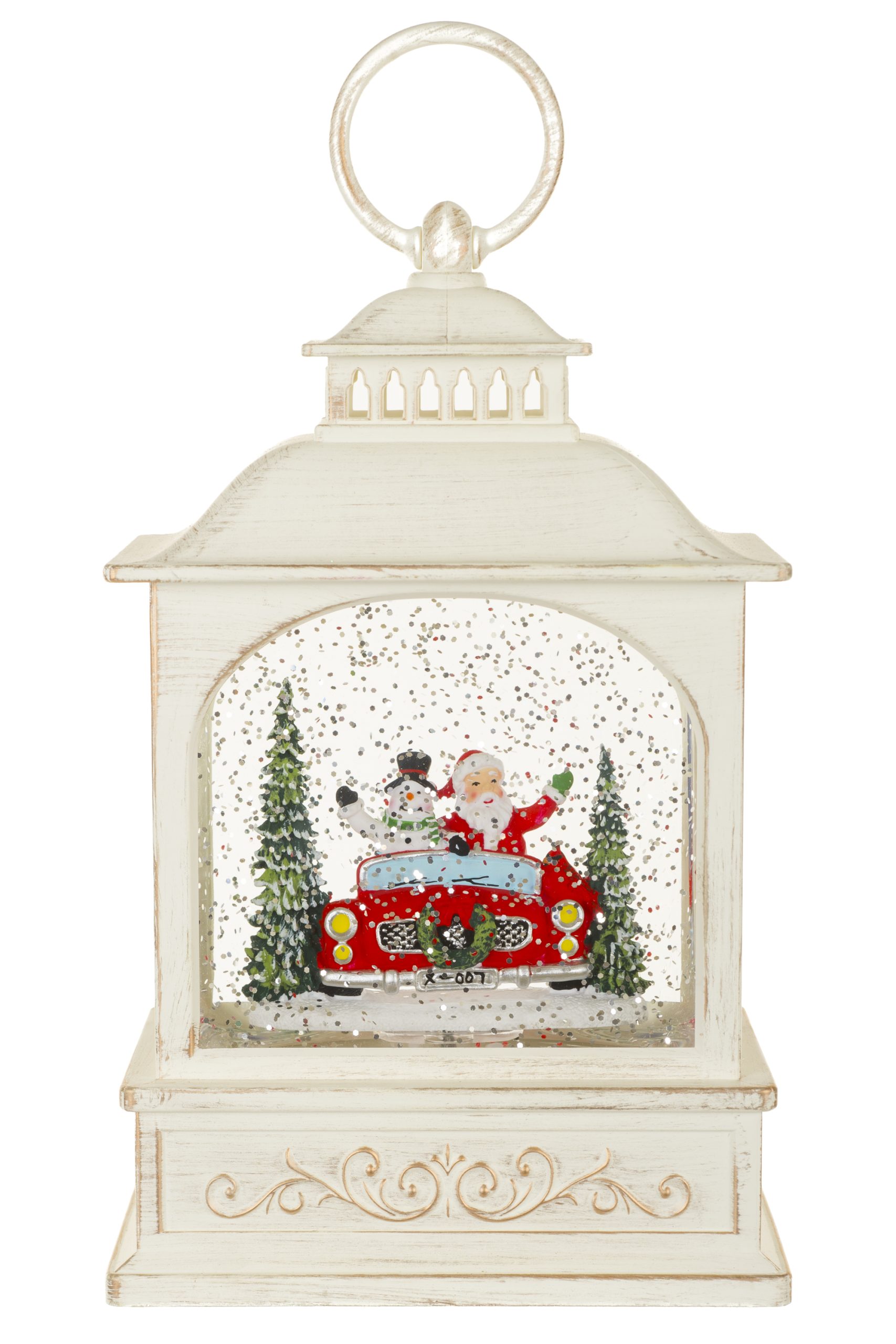 Musical Off-White Lantern Snow Globe with Santa's Sports Car With Santa'S Sports Car