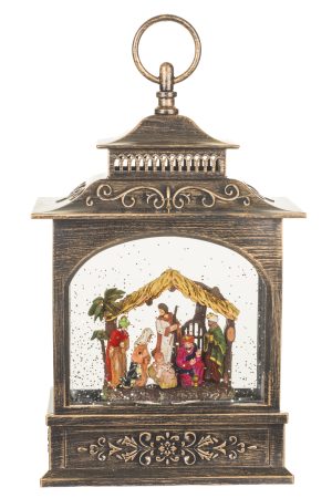 Musical Antique Brown Lantern Snow Globe with Nativity Scene With Nativity Scene