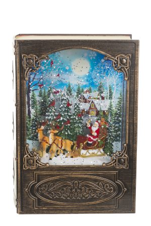 Musical Antique Brown Book Snow Globe with Santa in Sleigh With Santa In Sleigh