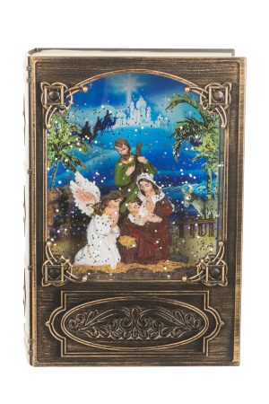Musical Antique Brown Book Snow Globe with Nativity Scene With Nativity Scene