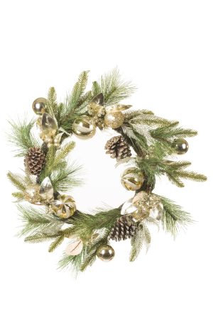 Hangable Green Pine Wreath LED Wreath With Gold Baubles
