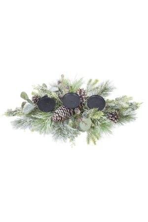 Green Pine LED Candle Holder With Snow Glittered Pinecones