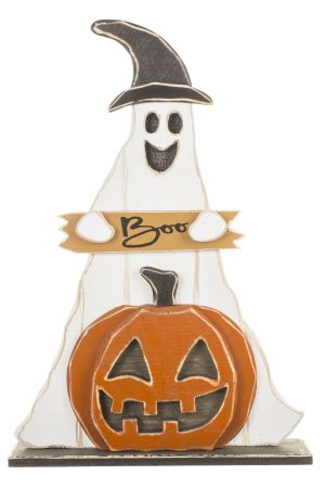 White Witchy Ghost Display Figure With "Boo" Sign