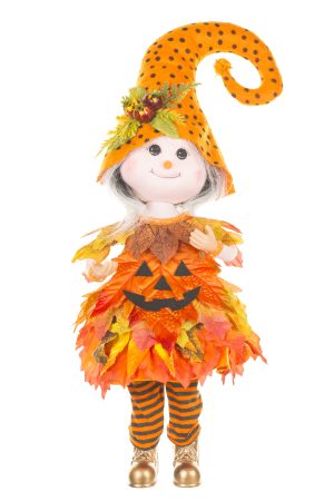 Red-Orange Autumn Witch Doll With Leafy Dress