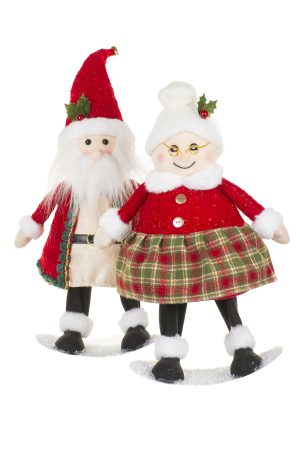 Set of Two Bobbling Red Snowboardin' Santa & Mrs. Claus Figurines