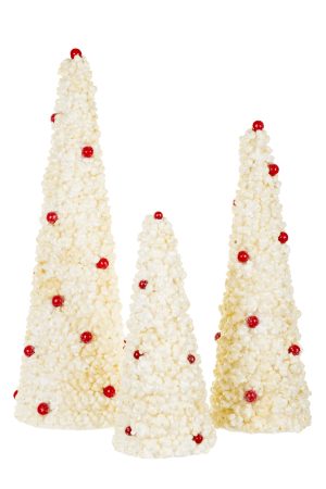 Set of 3 White Popcorn Tree Accents With Red Berries
