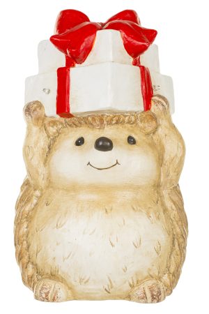 Beige LED Festive Hedgehog Holding Present Above Head